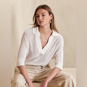 Women's White Oversize-Collar Quarter-Sleeve Pullover Top